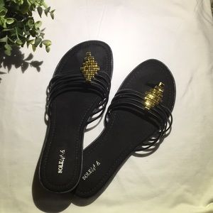 Ashley Stewart Sole Lift Black & Gold Strap Sandal